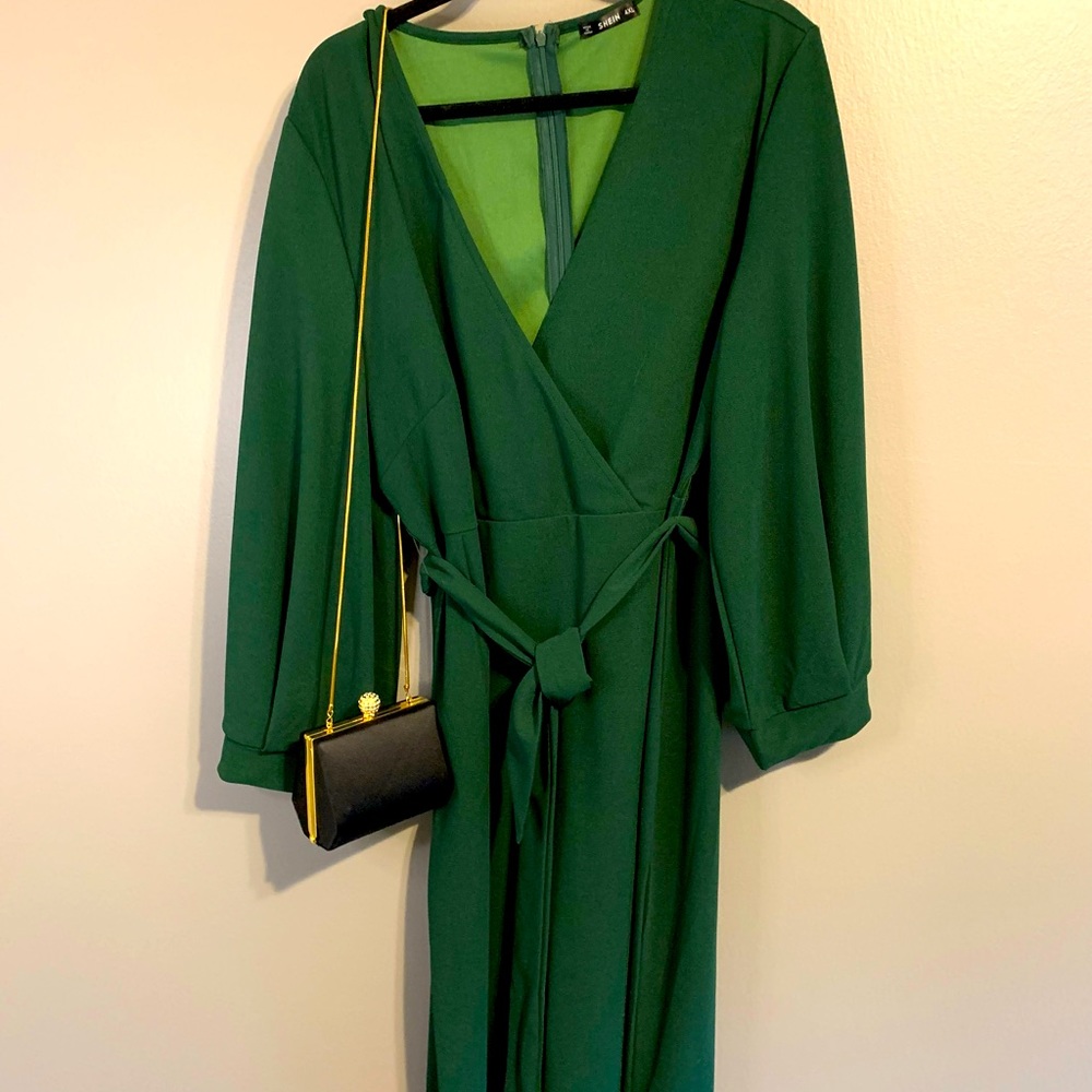 Dress + Purse! Green Wrap Dress + Satin & Gold Bag